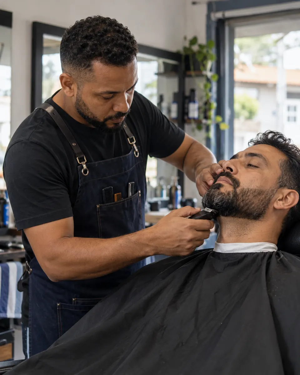 A barber trims a customer's beard in the barbershop.