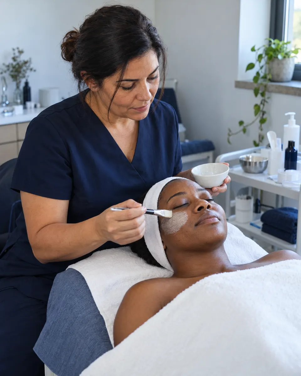 A beautician applies a face mask to a customer lying down.