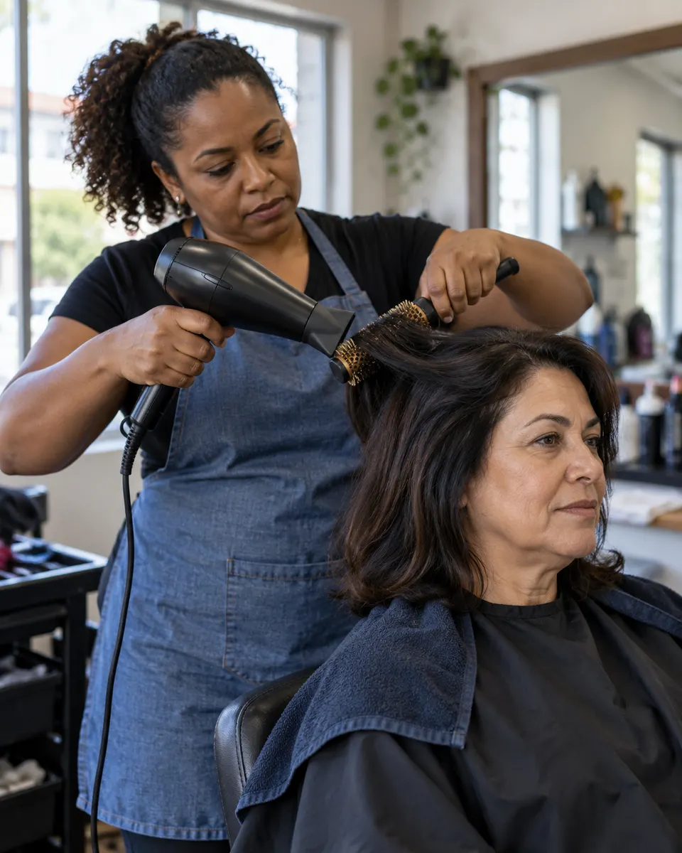 A hairdresser blow-dries a customer's hair in the salon.