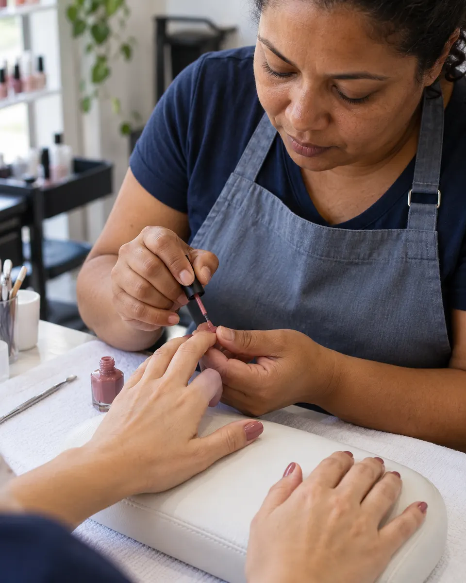 A manicurist paints a customer's nail at the table.
