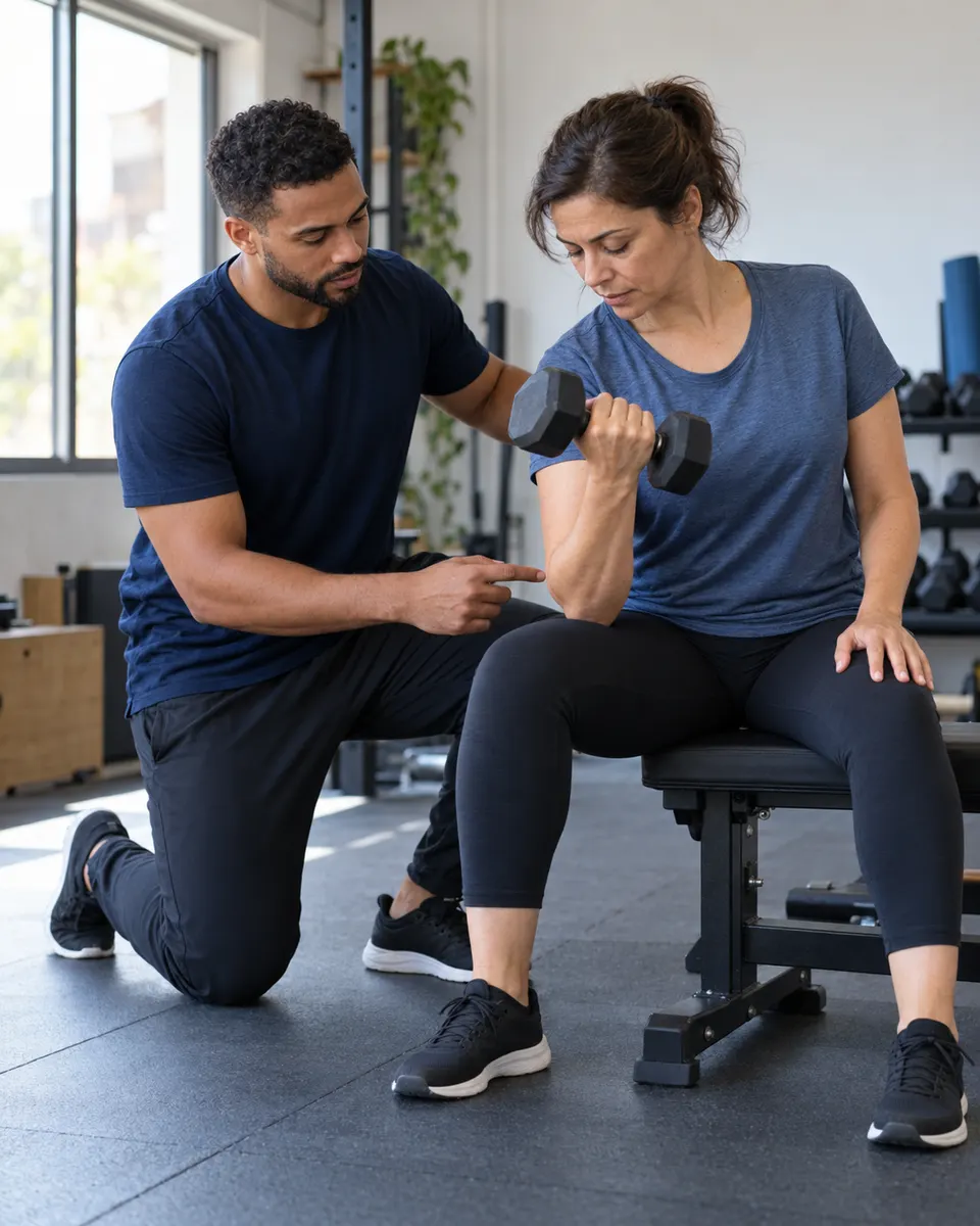 A personal trainer guides a client through a dumbbell exercise.