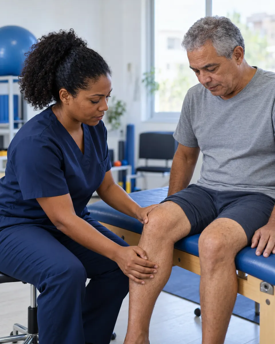 A physiotherapist treats a patient's knee at the clinic.
