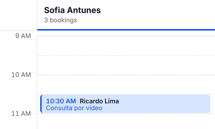 The day's agenda, with each professional's times