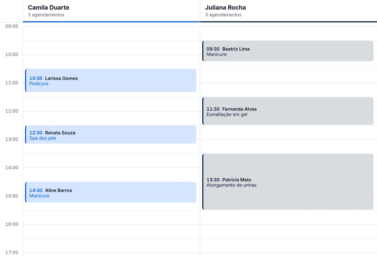 The day view in the panel: two professionals' bookings, each in its own column, from 9 am to 5 pm.