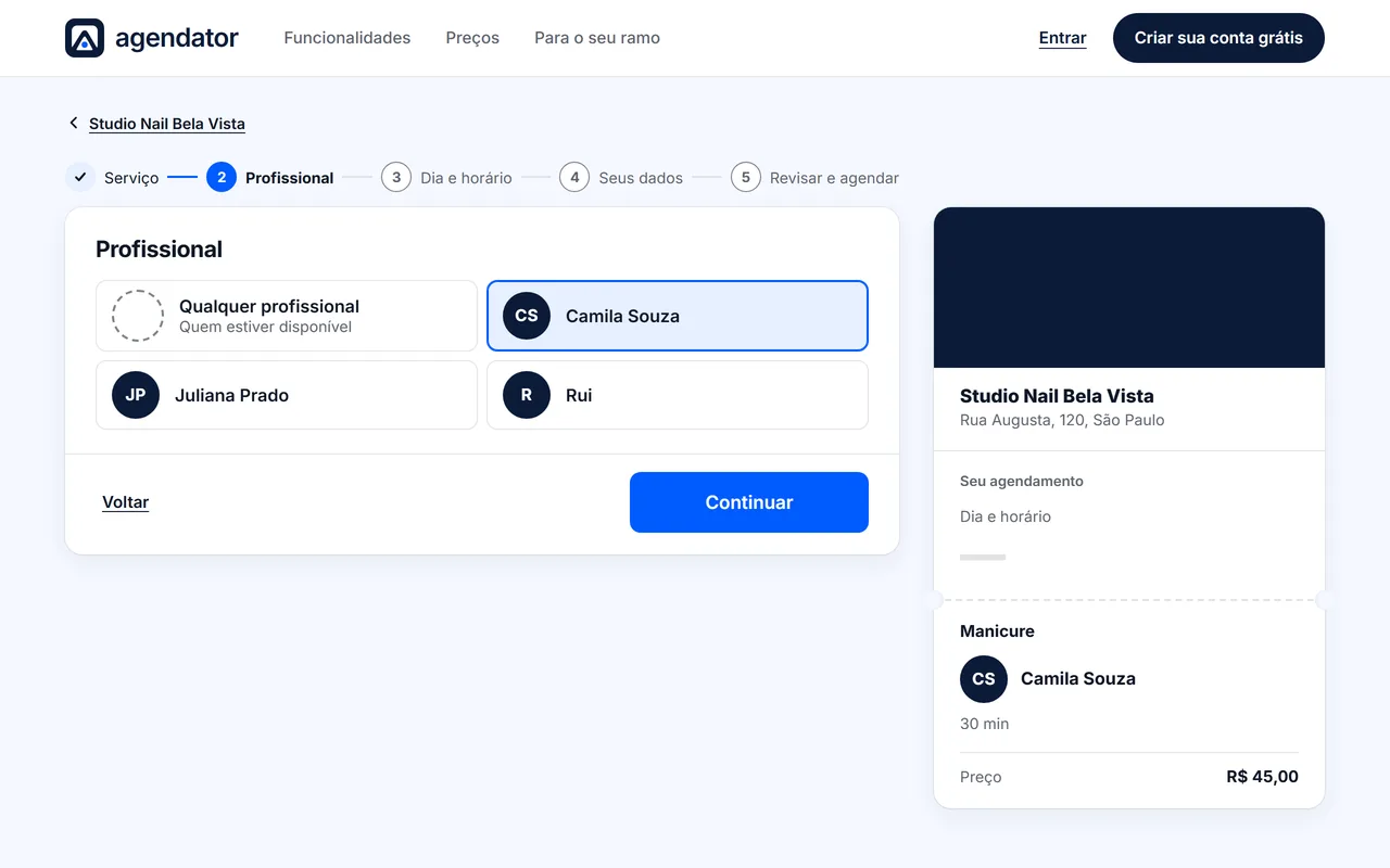 The booking page: the customer picks the professional, with the booking's summary beside it.