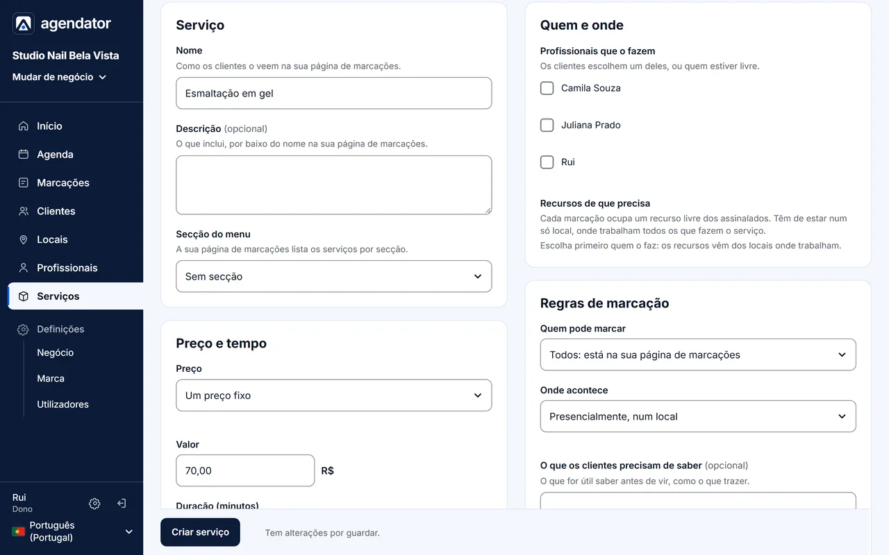 The business's panel: the form for a new service, with its name, section, price and who does it.